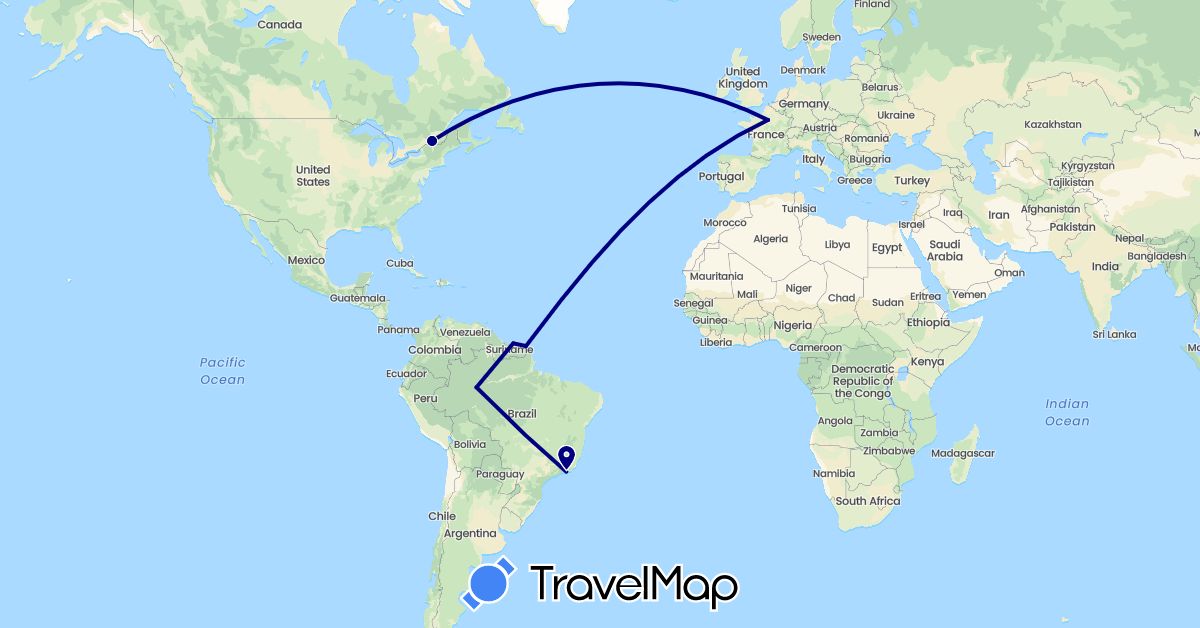 TravelMap itinerary: driving in Brazil, Canada, France, Suriname (Europe, North America, South America)